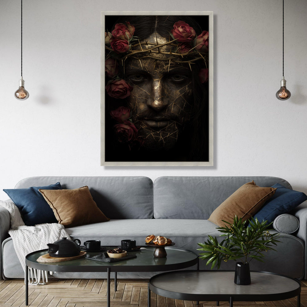 Golden Cracked Face Portrait with Crown of Thorns and Red Roses Canvas, Dark Artistic Wall Art, Modern Spiritual Gift Art, Home Decor, Print