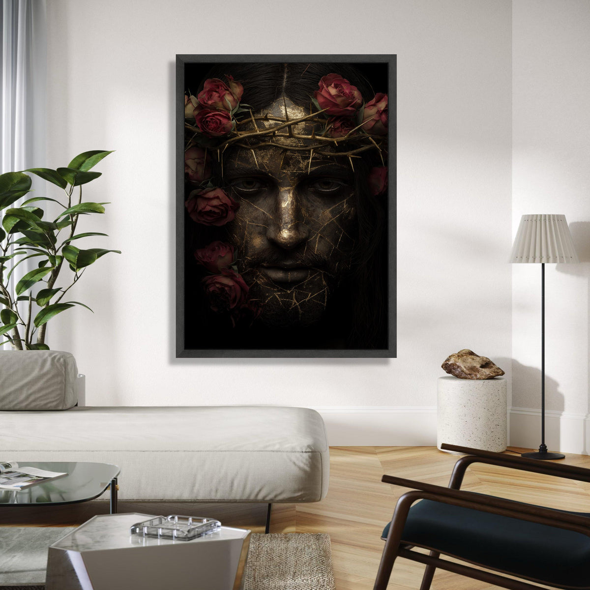 Golden Cracked Face Portrait with Crown of Thorns and Red Roses Canvas, Dark Artistic Wall Art, Modern Spiritual Gift Art, Home Decor, Print