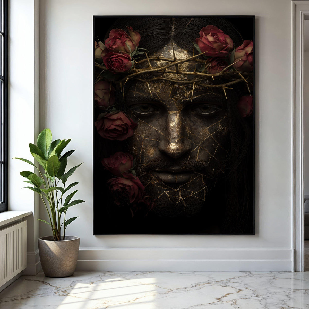 Golden Cracked Face Portrait with Crown of Thorns and Red Roses Canvas, Dark Artistic Wall Art, Modern Spiritual Gift Art, Home Decor, Print