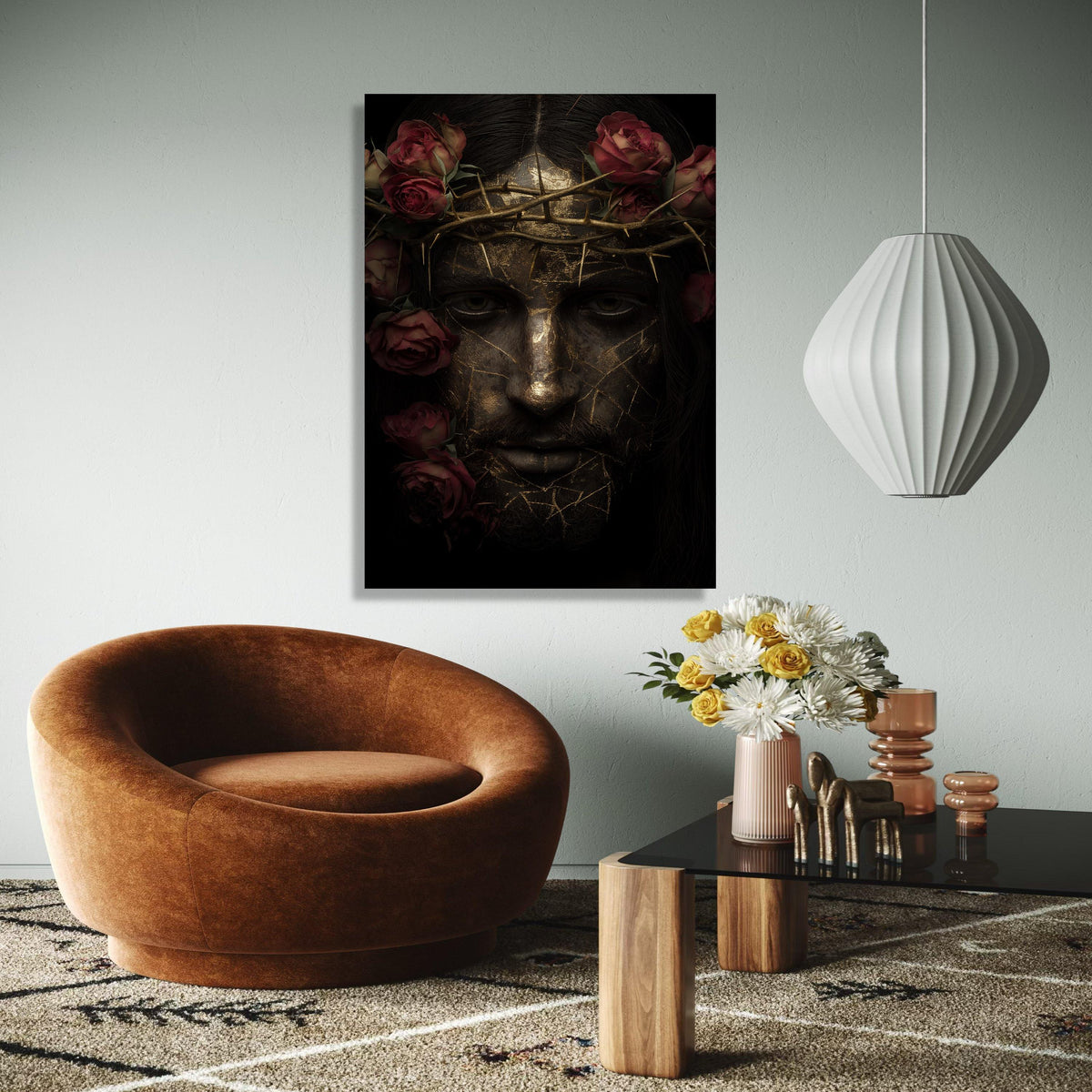 Golden Cracked Face Portrait with Crown of Thorns and Red Roses Canvas, Dark Artistic Wall Art, Modern Spiritual Gift Art, Home Decor, Print