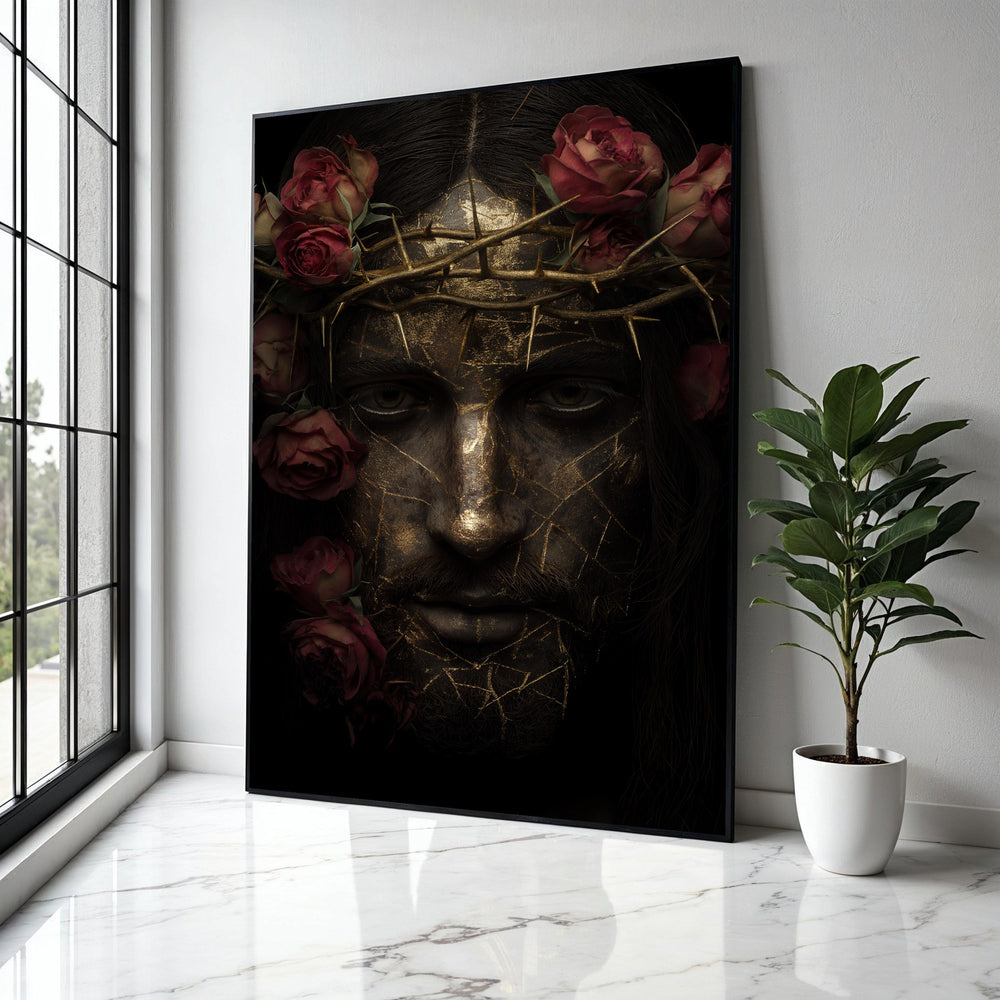 Golden Cracked Face Portrait with Crown of Thorns and Red Roses Canvas, Dark Artistic Wall Art, Modern Spiritual Gift Art, Home Decor, Print