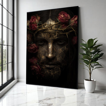 Golden Cracked Face Portrait with Crown of Thorns and Red Roses Canvas, Dark Artistic Wall Art, Modern Spiritual Gift Art, Home Decor, Print