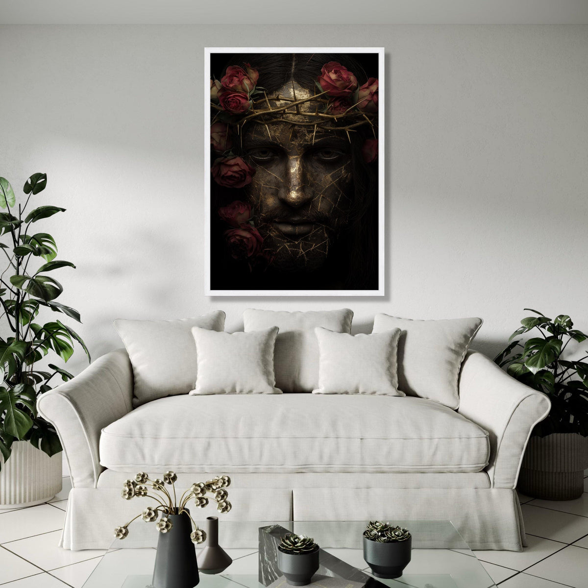 Golden Cracked Face Portrait with Crown of Thorns and Red Roses Canvas, Dark Artistic Wall Art, Modern Spiritual Gift Art, Home Decor, Print