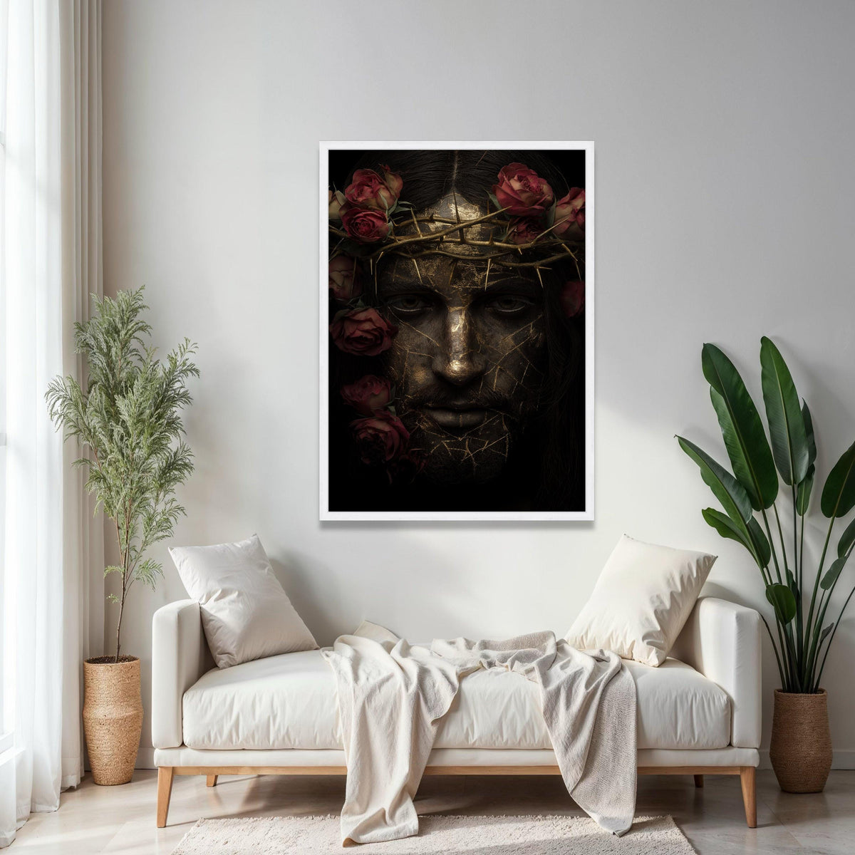 Golden Cracked Face Portrait with Crown of Thorns and Red Roses Canvas, Dark Artistic Wall Art, Modern Spiritual Gift Art, Home Decor, Print
