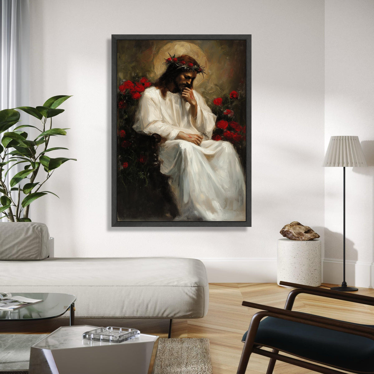 Thoughtful Jesus Portrait Canvas, Religious Wall Art, Crown of Thorns Painting, Christian Canvas Decor, Gift Art, Home Decor, Print