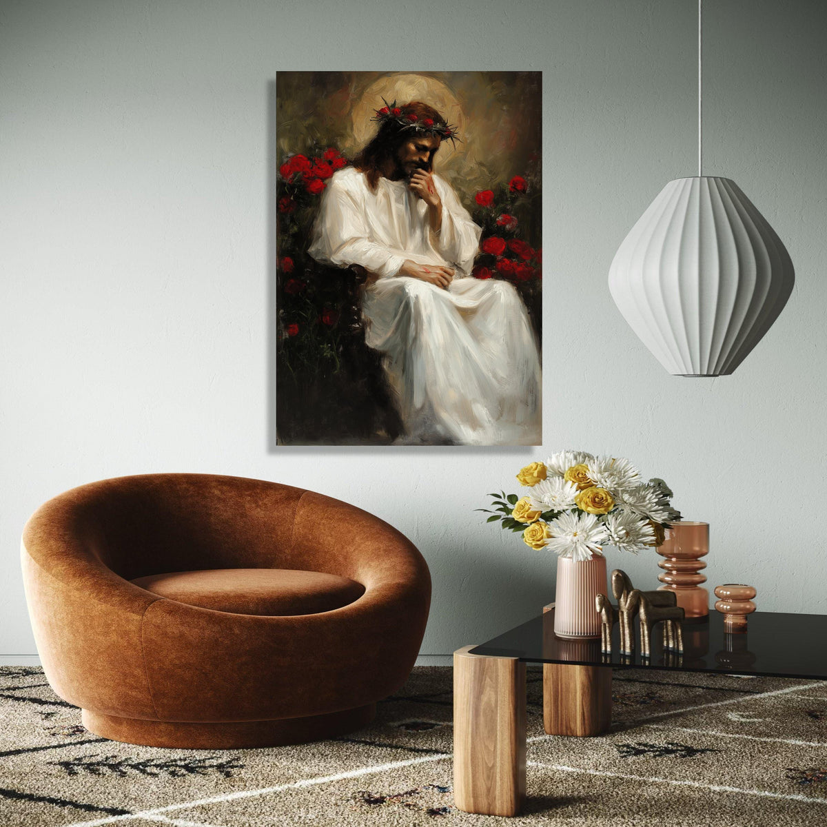 Thoughtful Jesus Portrait Canvas, Religious Wall Art, Crown of Thorns Painting, Christian Canvas Decor, Gift Art, Home Decor, Print