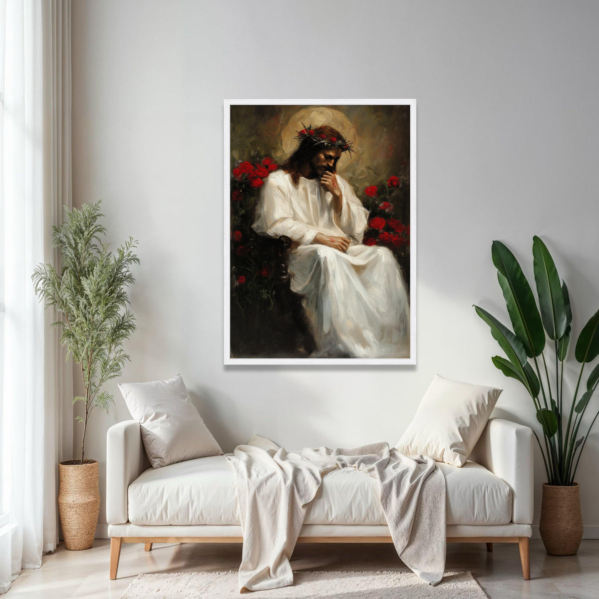 Thoughtful Jesus Portrait Canvas, Religious Wall Art, Crown of Thorns Painting, Christian Canvas Decor, Gift Art, Home Decor, Print
