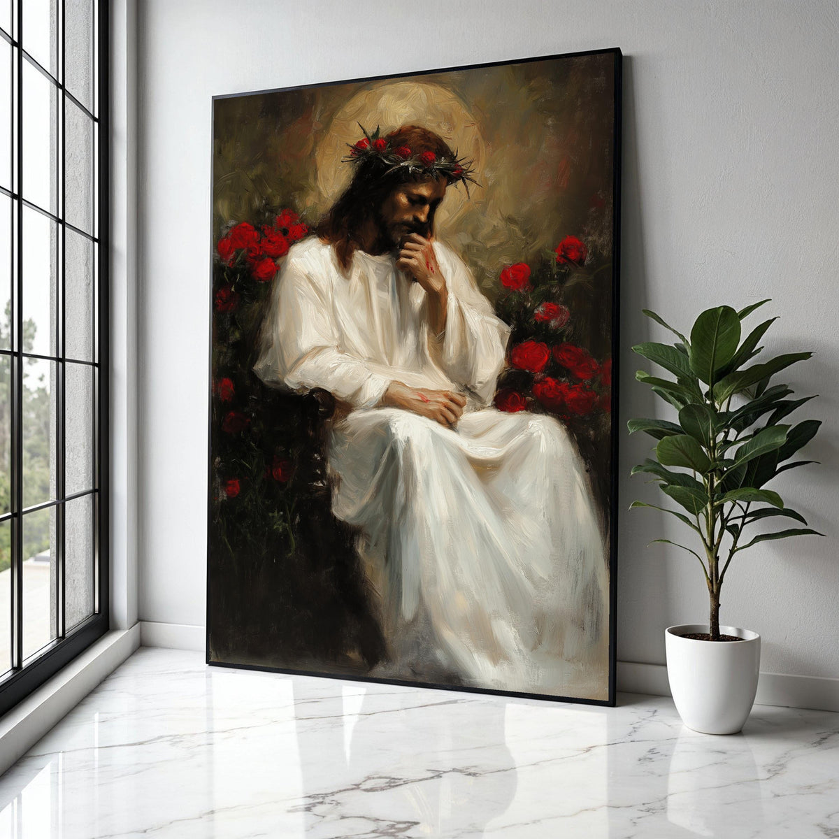 Thoughtful Jesus Portrait Canvas, Religious Wall Art, Crown of Thorns Painting, Christian Canvas Decor, Gift Art, Home Decor, Print