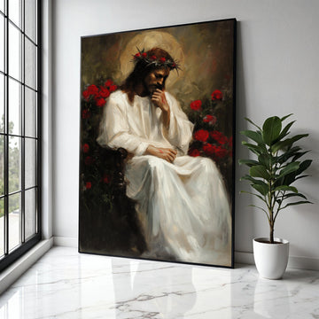 Thoughtful Jesus Portrait Canvas, Religious Wall Art, Crown of Thorns Painting, Christian Canvas Decor, Gift Art, Home Decor, Print