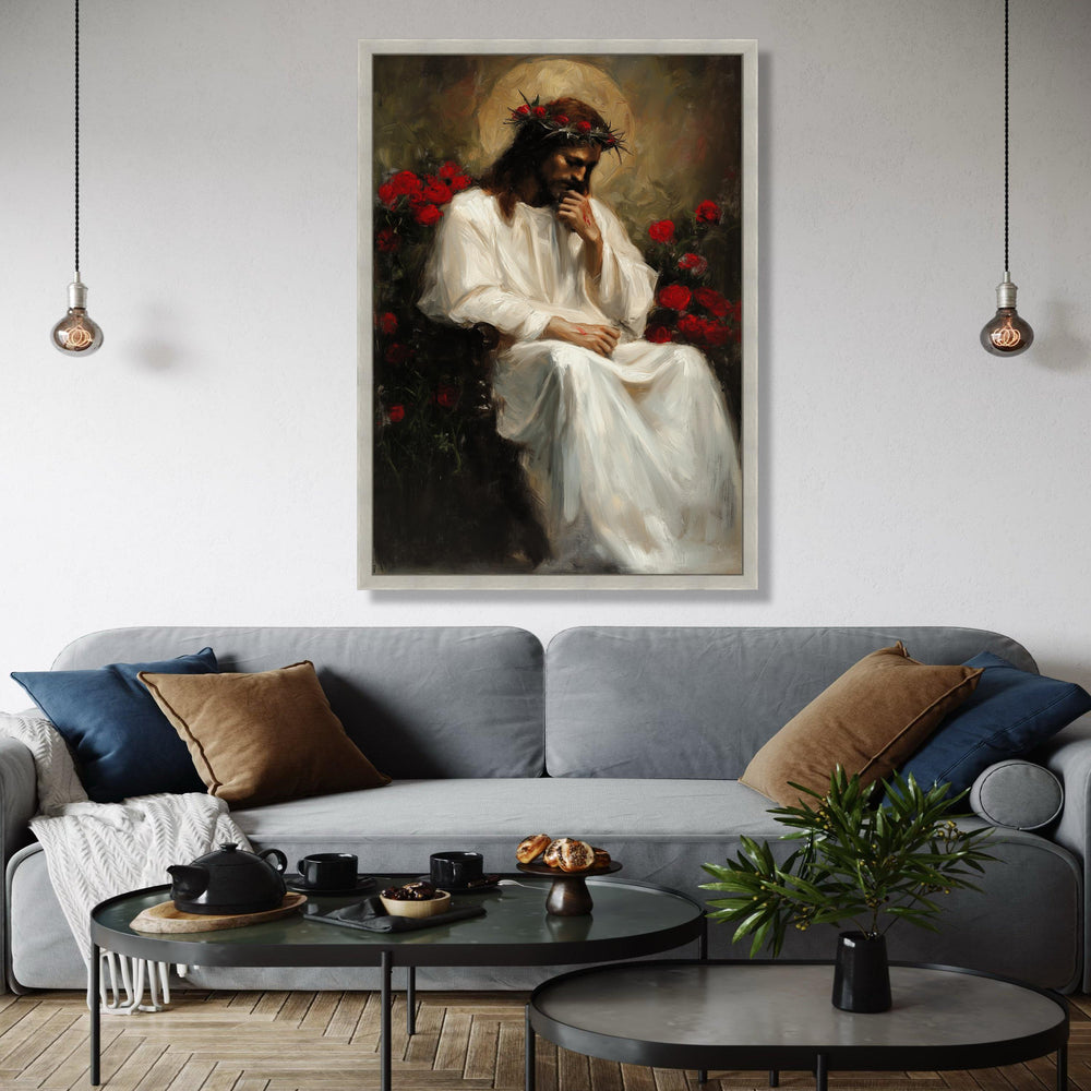 Thoughtful Jesus Portrait Canvas, Religious Wall Art, Crown of Thorns Painting, Christian Canvas Decor, Gift Art, Home Decor, Print