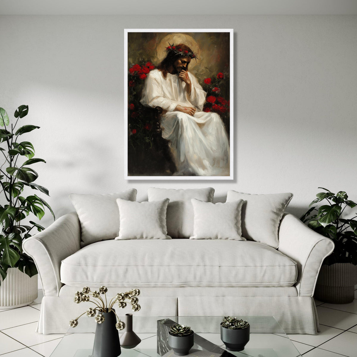 Thoughtful Jesus Portrait Canvas, Religious Wall Art, Crown of Thorns Painting, Christian Canvas Decor, Gift Art, Home Decor, Print