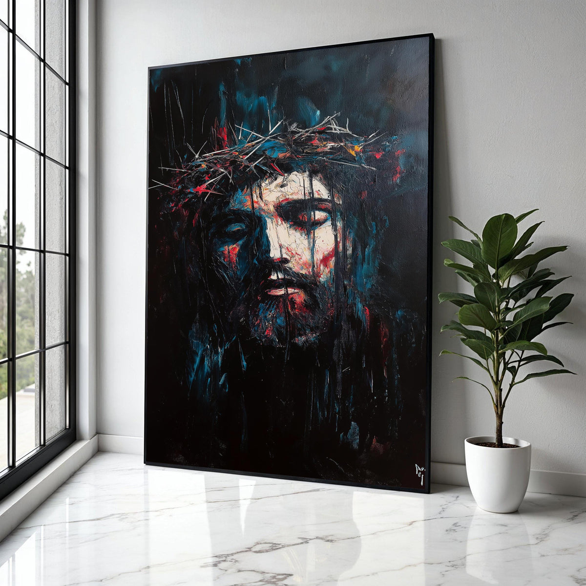 Abstract Jesus Christ Portrait Canvas, Crown of Thorns Wall Art, Dark Religious Canvas, Spiritual Home Decor, Gift Art, Home Decor, Print