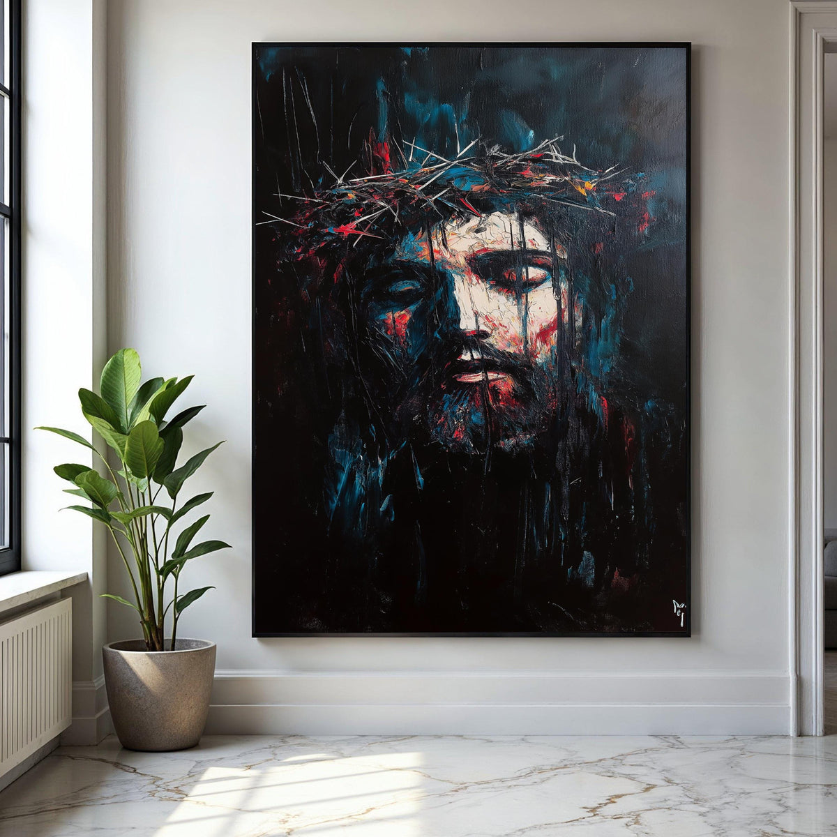 Abstract Jesus Christ Portrait Canvas, Crown of Thorns Wall Art, Dark Religious Canvas, Spiritual Home Decor, Gift Art, Home Decor, Print