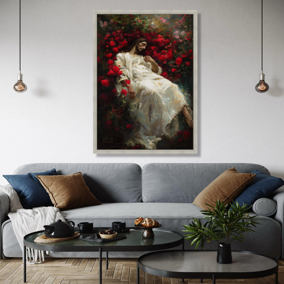 Serene Jesus in Red Roses, Spiritual Canvas Wall Art, Christian Religious Decor, Sacred Heart Painting, Gift Art, Home Decor, Print