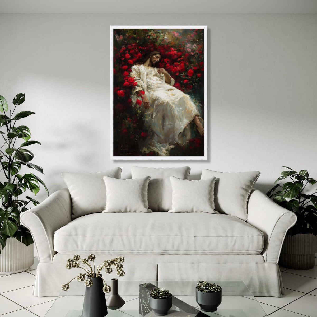 Serene Jesus in Red Roses, Spiritual Canvas Wall Art, Christian Religious Decor, Sacred Heart Painting, Gift Art, Home Decor, Print