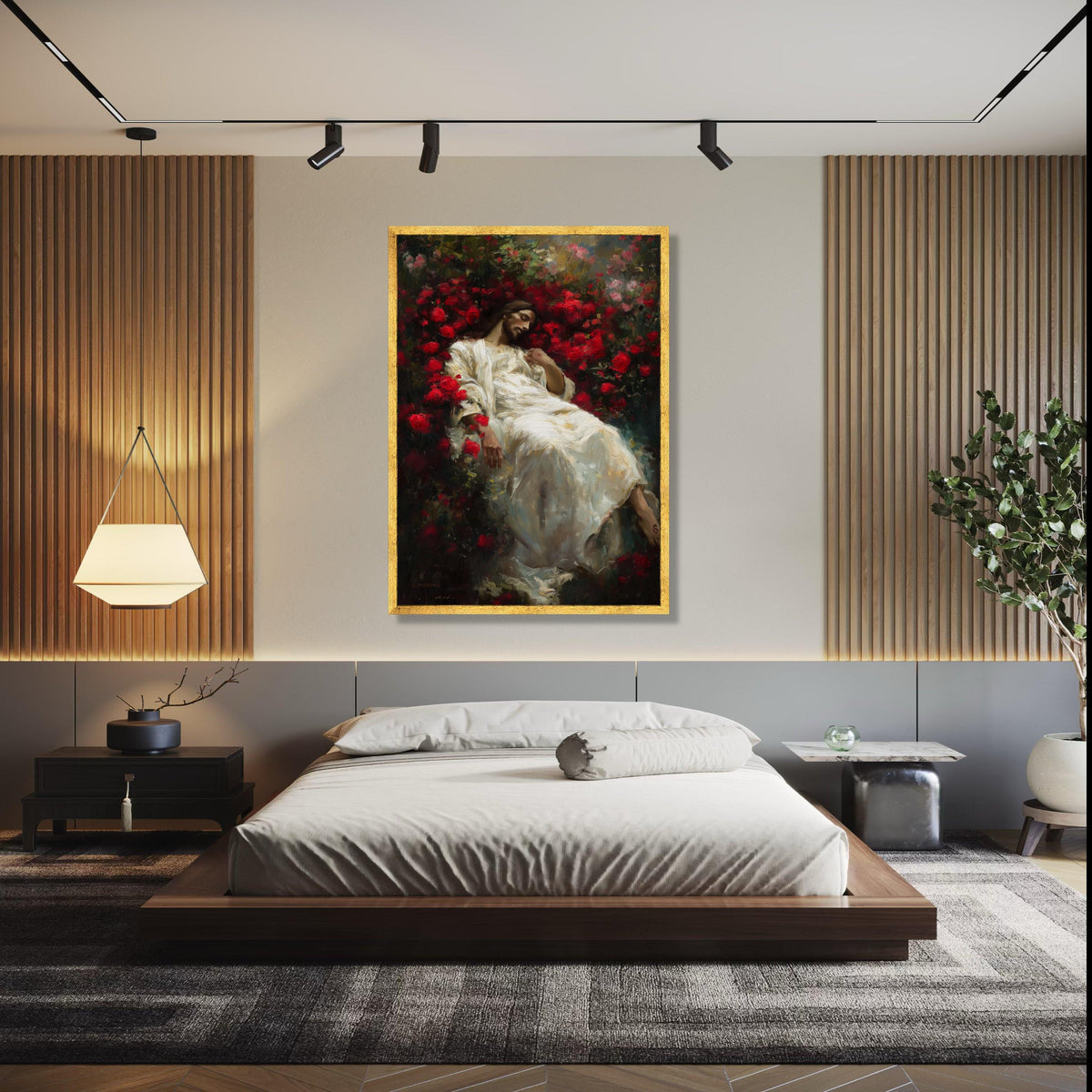 Serene Jesus in Red Roses, Spiritual Canvas Wall Art, Christian Religious Decor, Sacred Heart Painting, Gift Art, Home Decor, Print