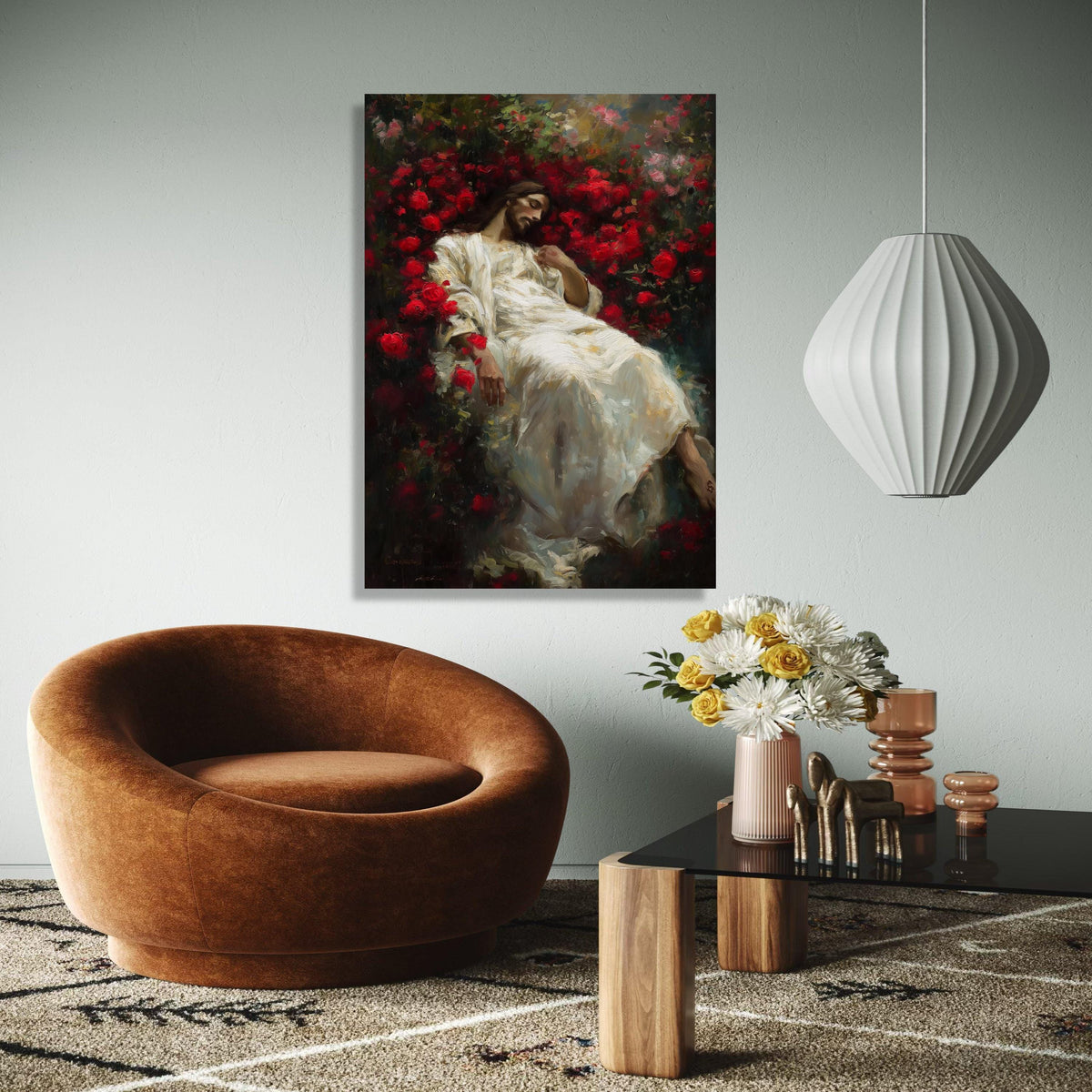 Serene Jesus in Red Roses, Spiritual Canvas Wall Art, Christian Religious Decor, Sacred Heart Painting, Gift Art, Home Decor, Print