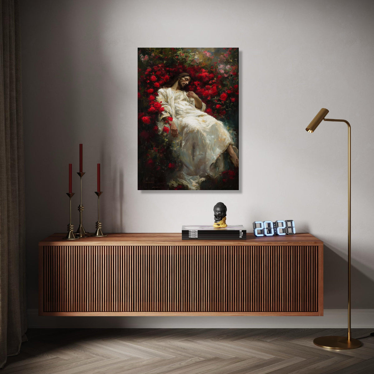 Serene Jesus in Red Roses, Spiritual Canvas Wall Art, Christian Religious Decor, Sacred Heart Painting, Gift Art, Home Decor, Print