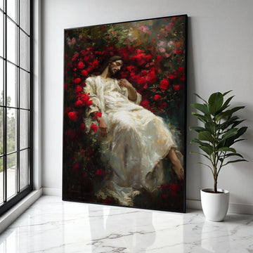 Serene Jesus in Red Roses, Spiritual Canvas Wall Art, Christian Religious Decor, Sacred Heart Painting, Gift Art, Home Decor, Print