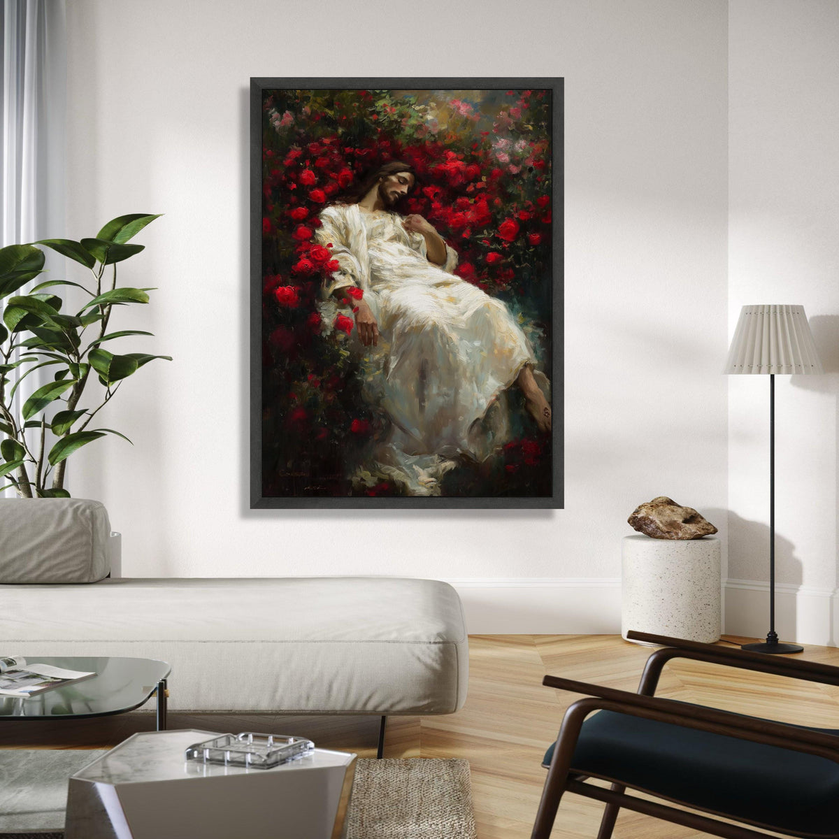Serene Jesus in Red Roses, Spiritual Canvas Wall Art, Christian Religious Decor, Sacred Heart Painting, Gift Art, Home Decor, Print