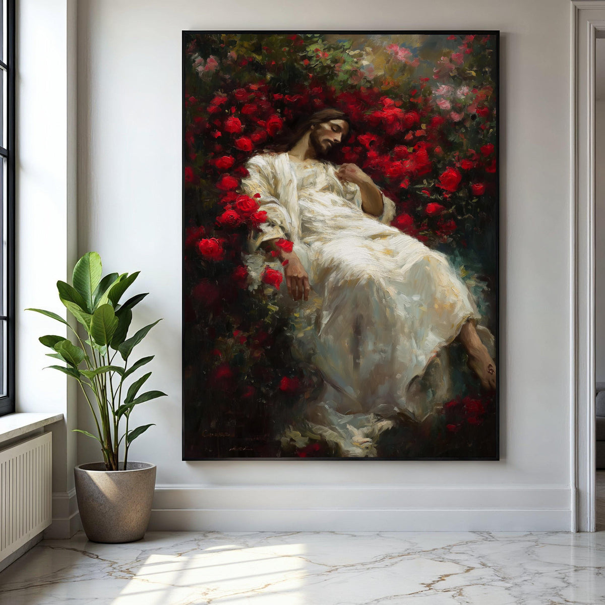 Serene Jesus in Red Roses, Spiritual Canvas Wall Art, Christian Religious Decor, Sacred Heart Painting, Gift Art, Home Decor, Print