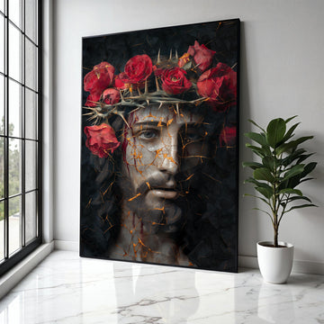 Dramatic Jesus Portrait Canvas, Crown of Thorns Wall Art, Red Roses Religious Decor, Abstract Sacred Face Gift Art, Home Decor, Print