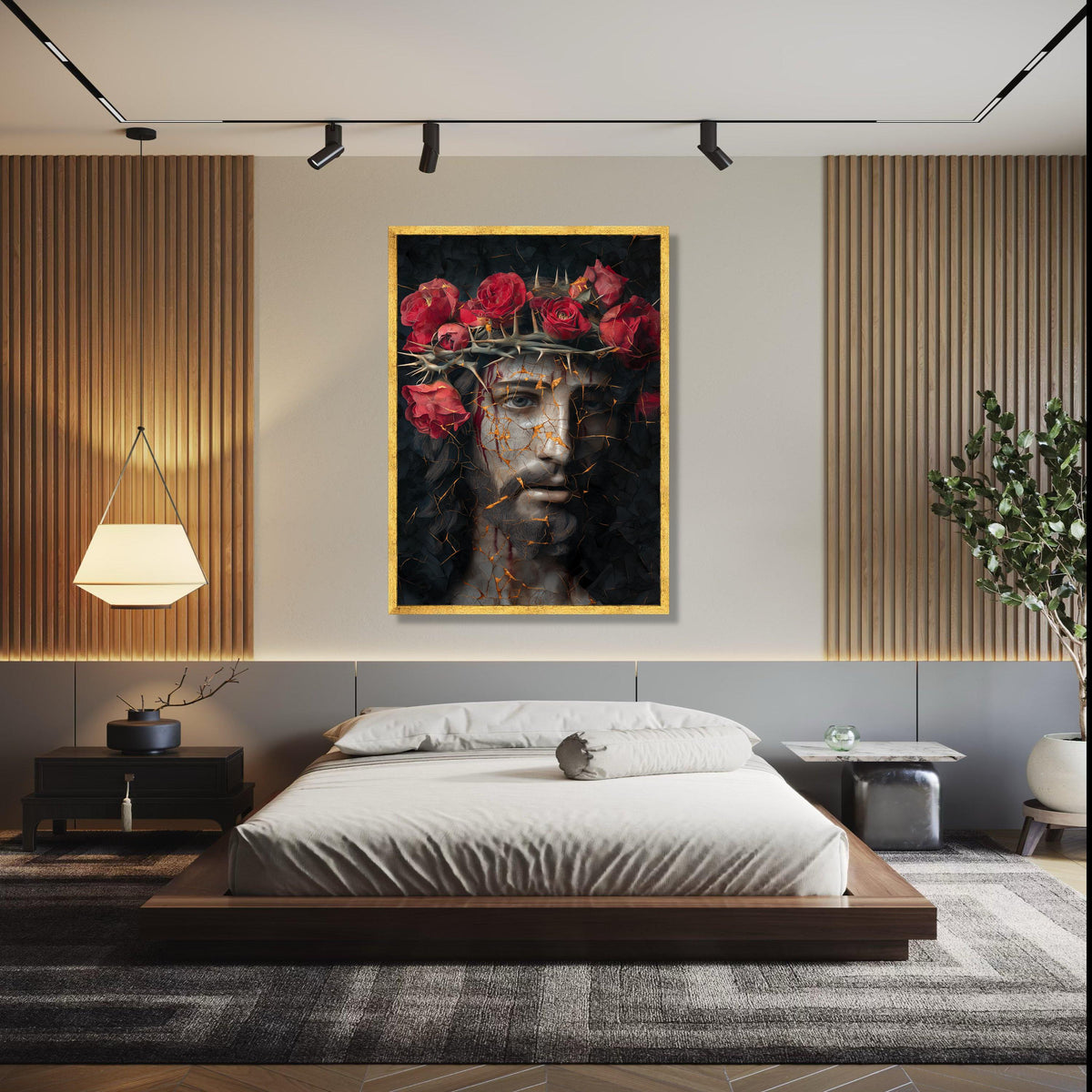 Dramatic Jesus Portrait Canvas, Crown of Thorns Wall Art, Red Roses Religious Decor, Abstract Sacred Face Gift Art, Home Decor, Print