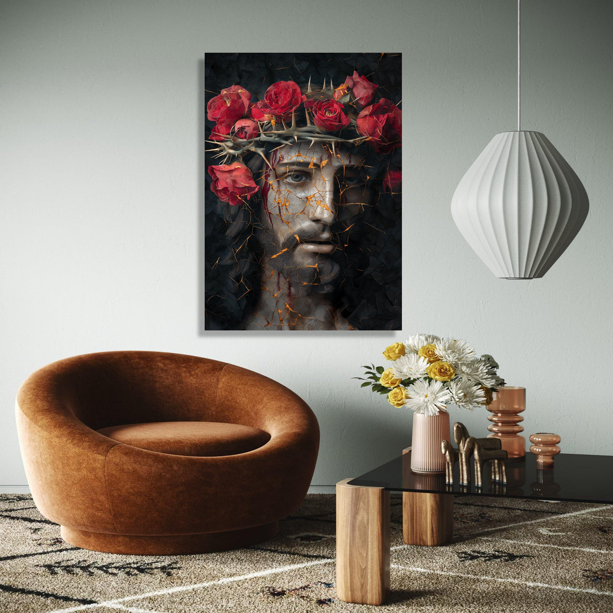 Dramatic Jesus Portrait Canvas, Crown of Thorns Wall Art, Red Roses Religious Decor, Abstract Sacred Face Gift Art, Home Decor, Print