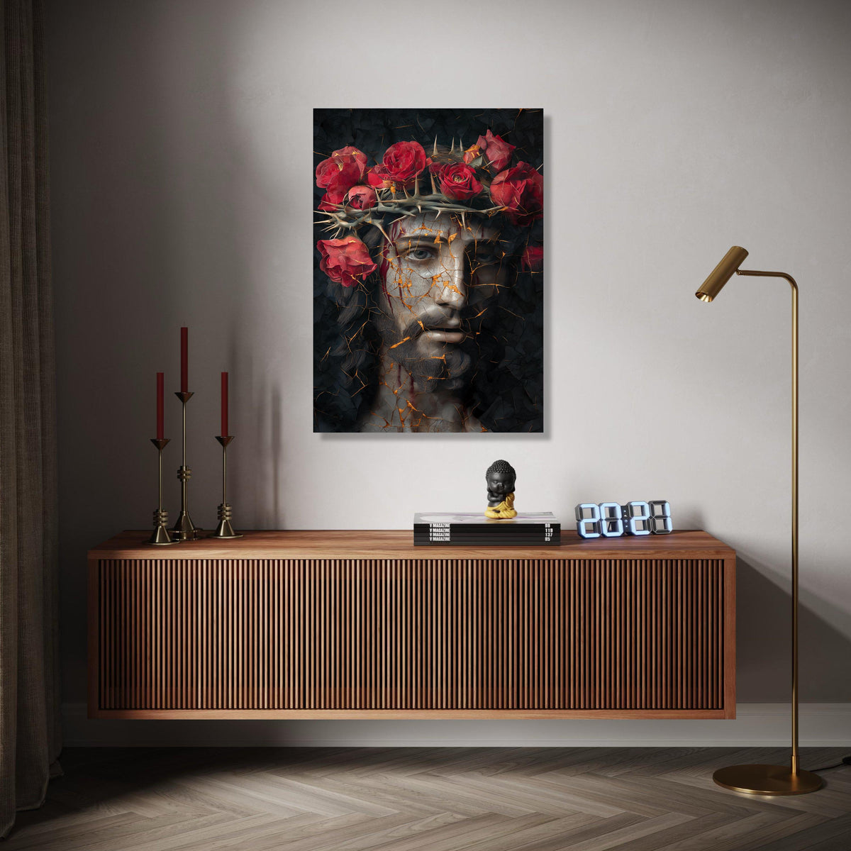 Dramatic Jesus Portrait Canvas, Crown of Thorns Wall Art, Red Roses Religious Decor, Abstract Sacred Face Gift Art, Home Decor, Print