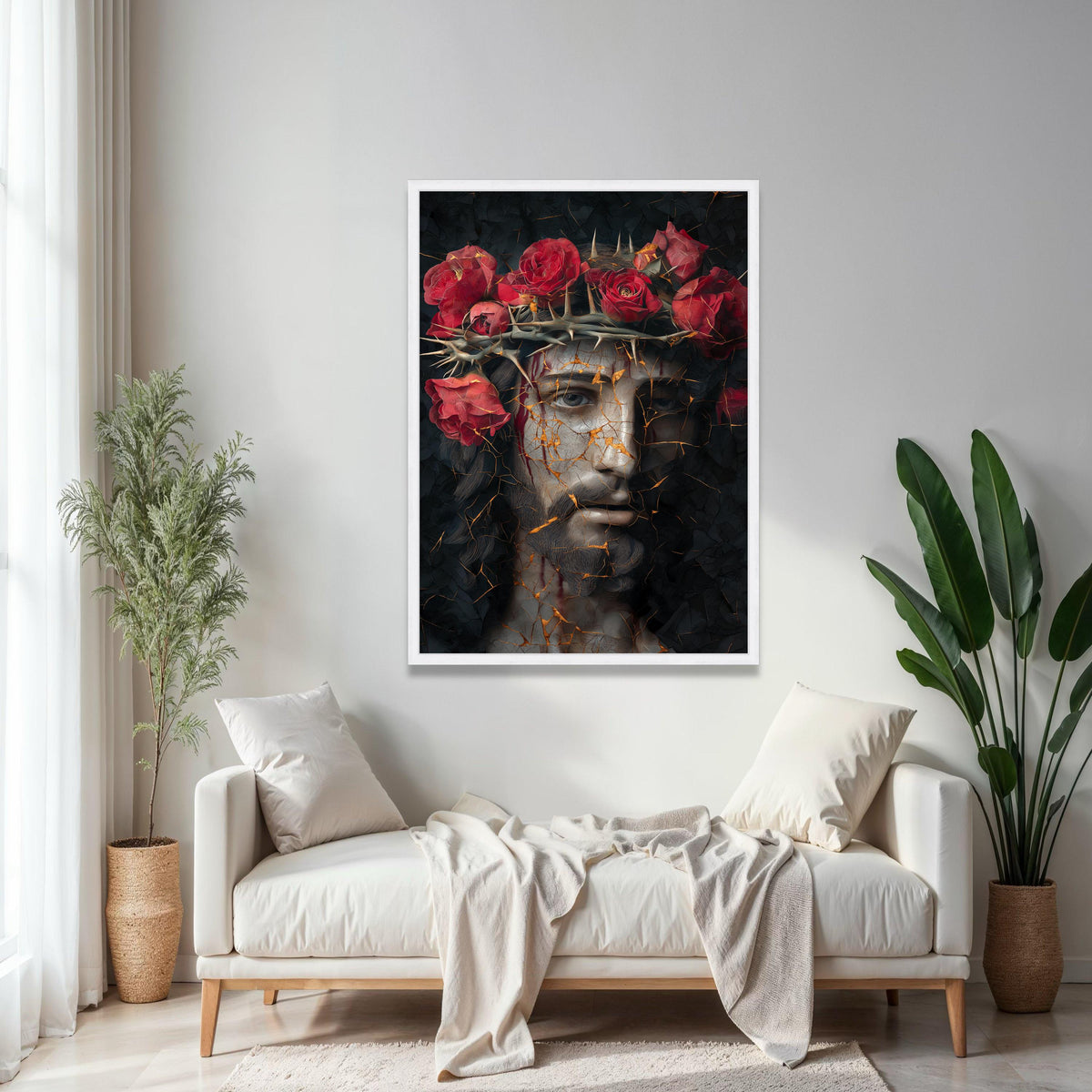 Dramatic Jesus Portrait Canvas, Crown of Thorns Wall Art, Red Roses Religious Decor, Abstract Sacred Face Gift Art, Home Decor, Print