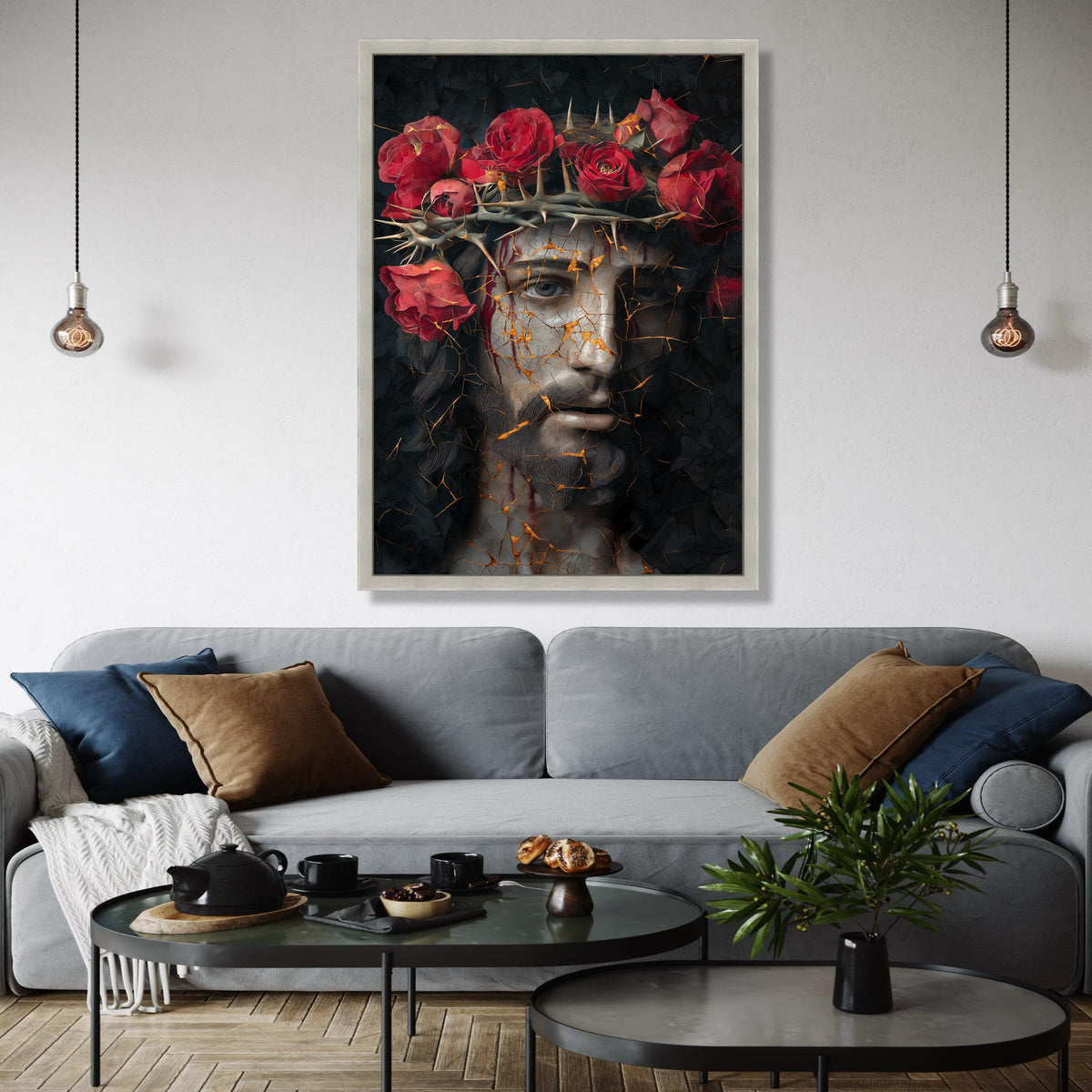 Dramatic Jesus Portrait Canvas, Crown of Thorns Wall Art, Red Roses Religious Decor, Abstract Sacred Face Gift Art, Home Decor, Print