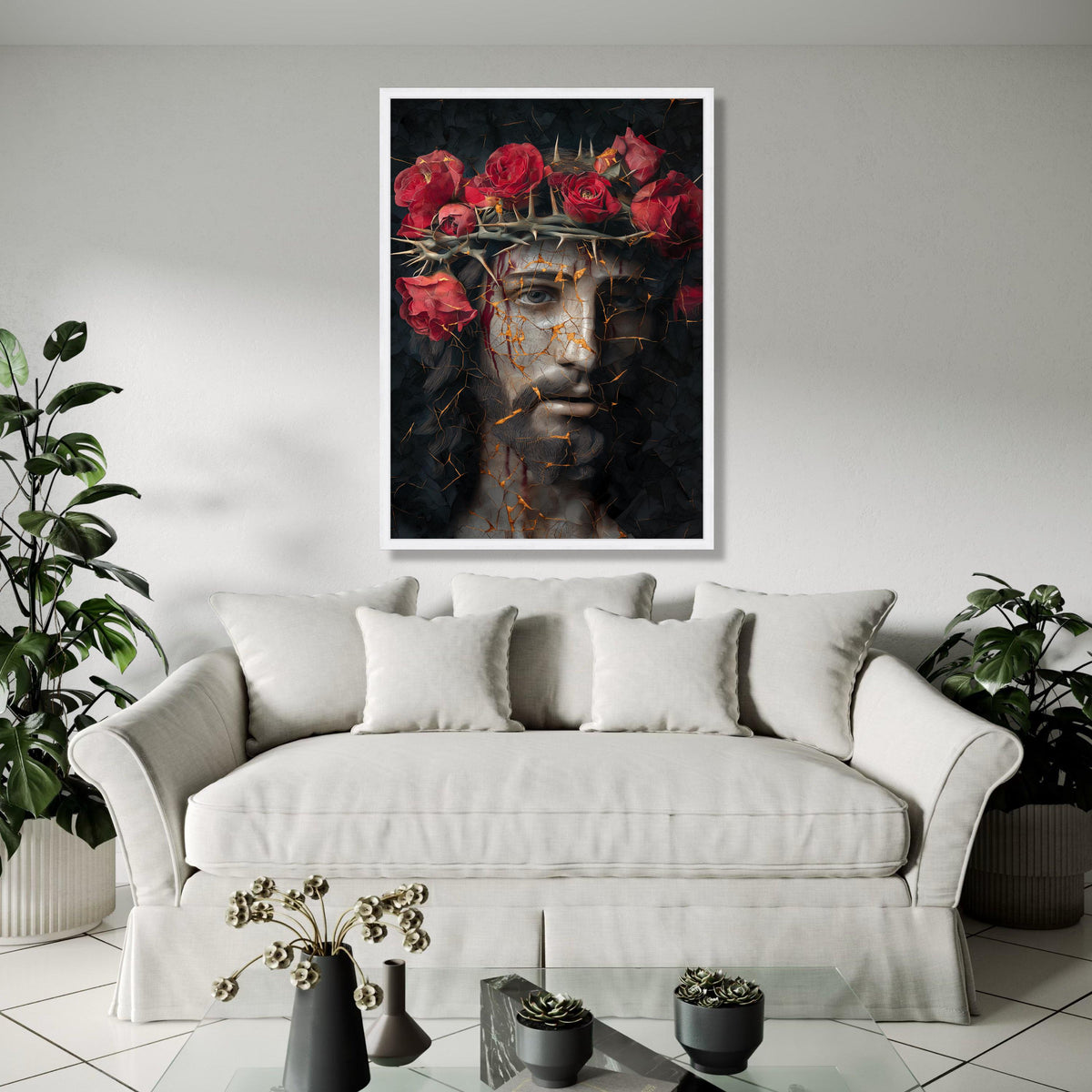 Dramatic Jesus Portrait Canvas, Crown of Thorns Wall Art, Red Roses Religious Decor, Abstract Sacred Face Gift Art, Home Decor, Print
