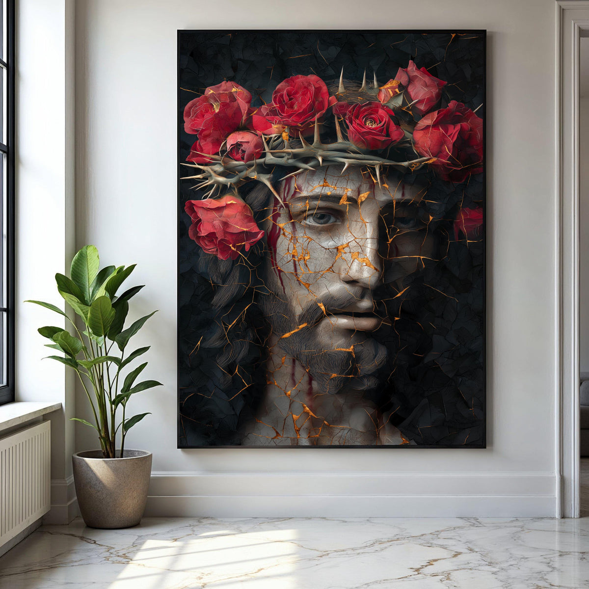 Dramatic Jesus Portrait Canvas, Crown of Thorns Wall Art, Red Roses Religious Decor, Abstract Sacred Face Gift Art, Home Decor, Print