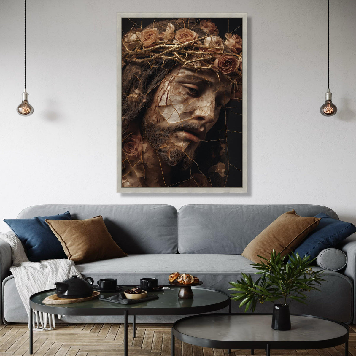 Broken Porcelain Jesus Face Canvas, Crown of Thorns Wall Art, Religious Christian Canvas, Dramatic Spiritual Gift Art, Home Decor, Print