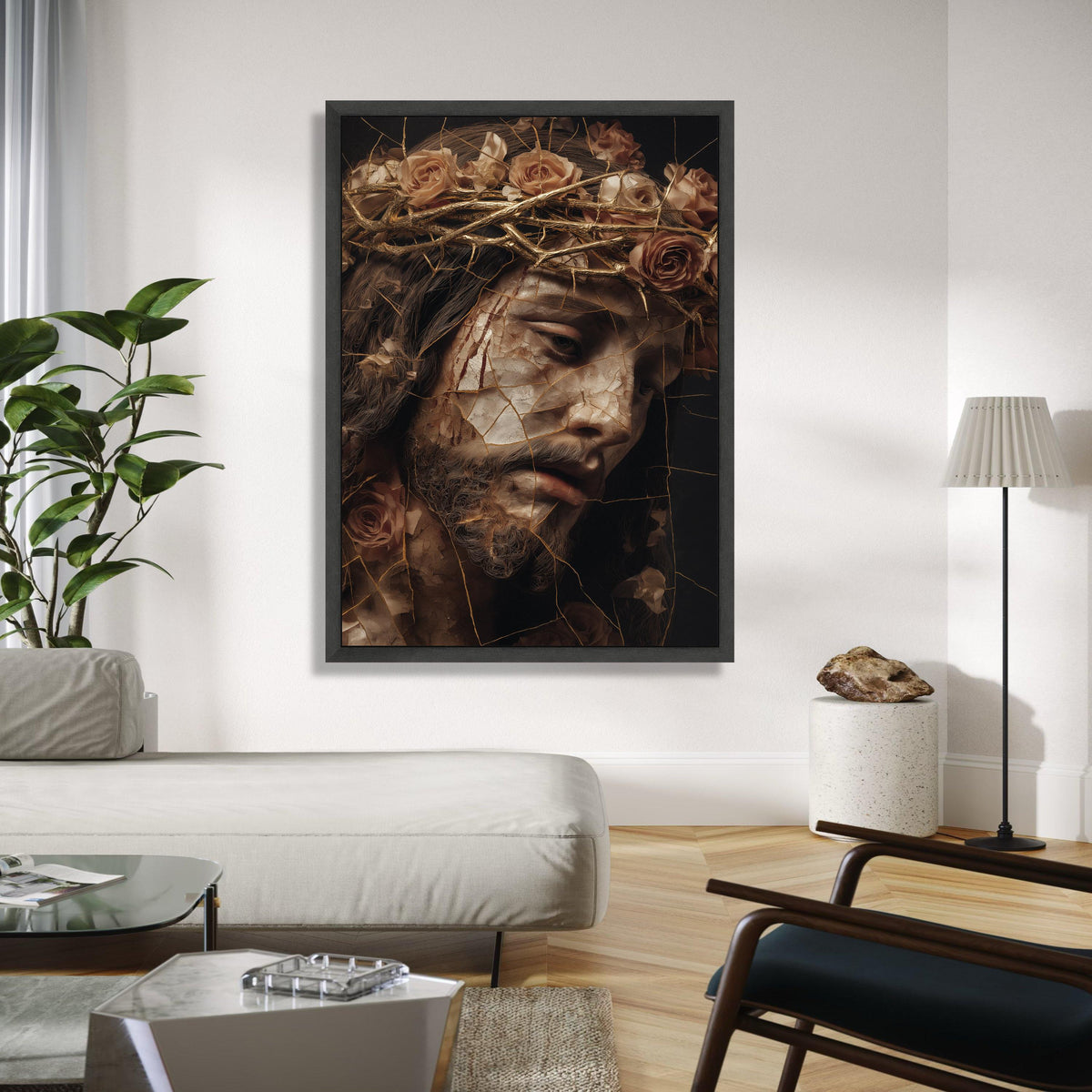 Broken Porcelain Jesus Face Canvas, Crown of Thorns Wall Art, Religious Christian Canvas, Dramatic Spiritual Gift Art, Home Decor, Print