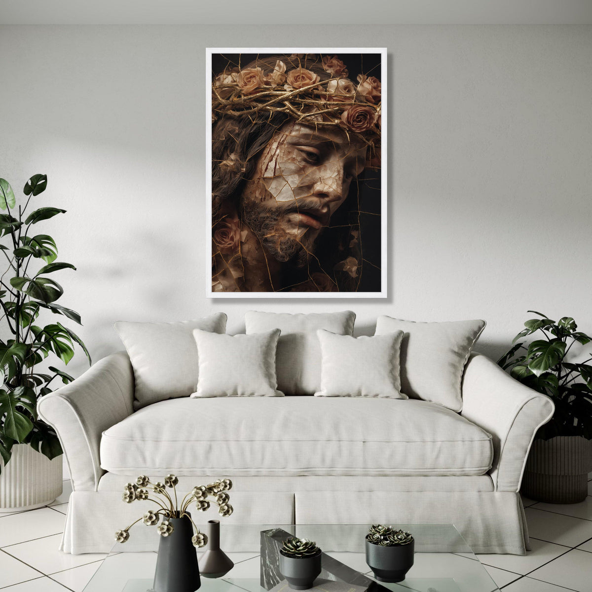 Broken Porcelain Jesus Face Canvas, Crown of Thorns Wall Art, Religious Christian Canvas, Dramatic Spiritual Gift Art, Home Decor, Print
