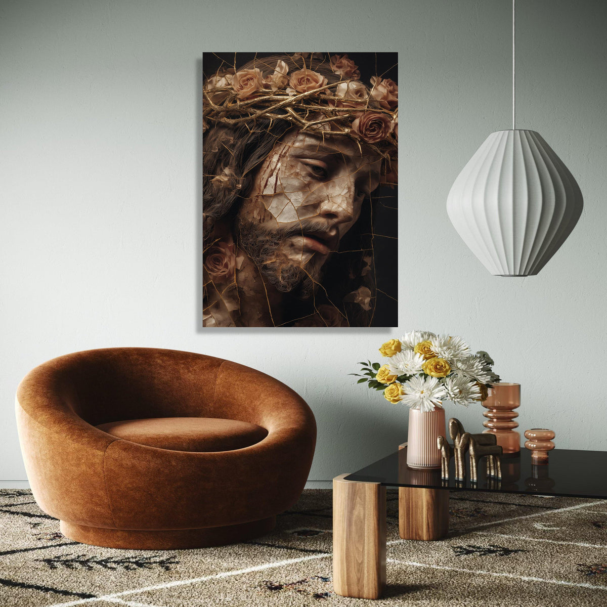 Broken Porcelain Jesus Face Canvas, Crown of Thorns Wall Art, Religious Christian Canvas, Dramatic Spiritual Gift Art, Home Decor, Print