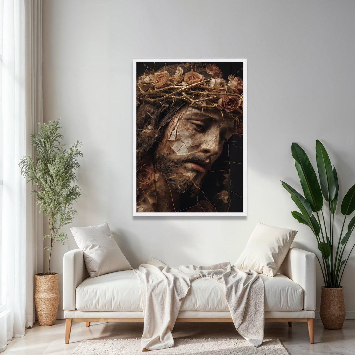Broken Porcelain Jesus Face Canvas, Crown of Thorns Wall Art, Religious Christian Canvas, Dramatic Spiritual Gift Art, Home Decor, Print
