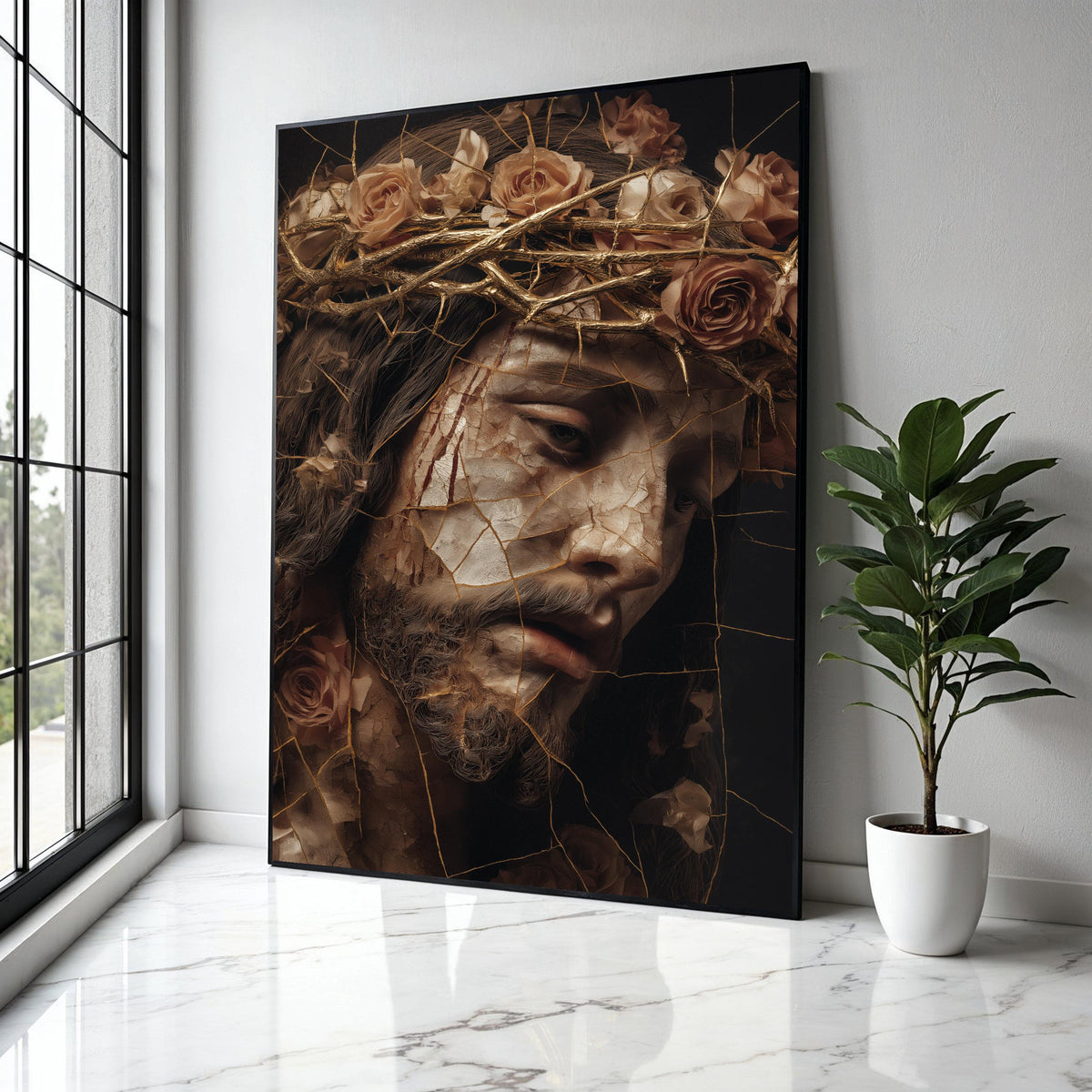 Broken Porcelain Jesus Face Canvas, Crown of Thorns Wall Art, Religious Christian Canvas, Dramatic Spiritual Gift Art, Home Decor, Print
