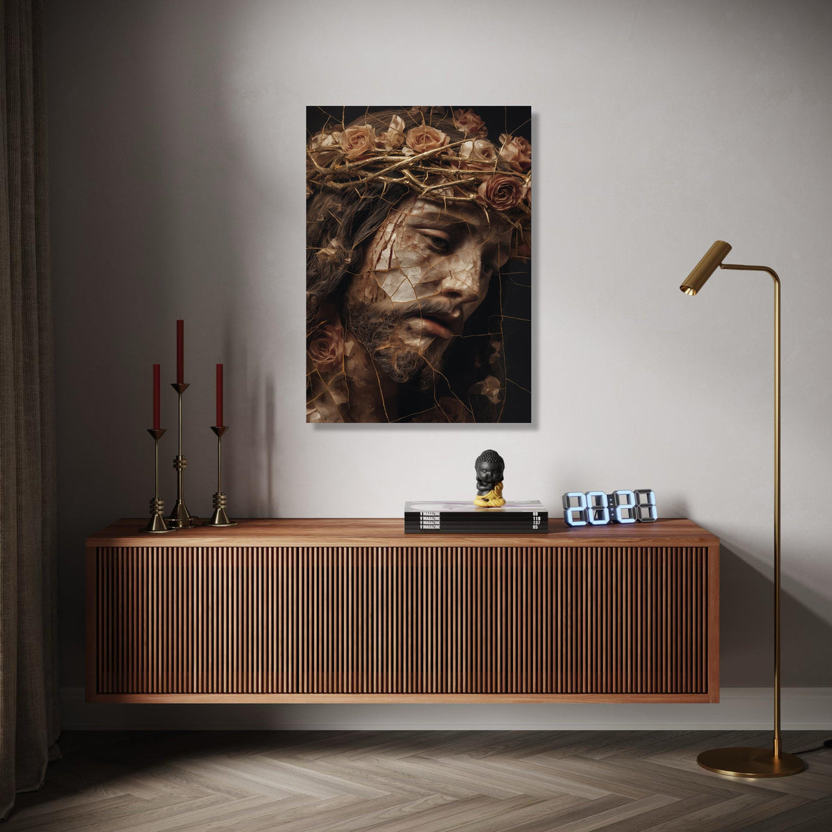 Broken Porcelain Jesus Face Canvas, Crown of Thorns Wall Art, Religious Christian Canvas, Dramatic Spiritual Gift Art, Home Decor, Print
