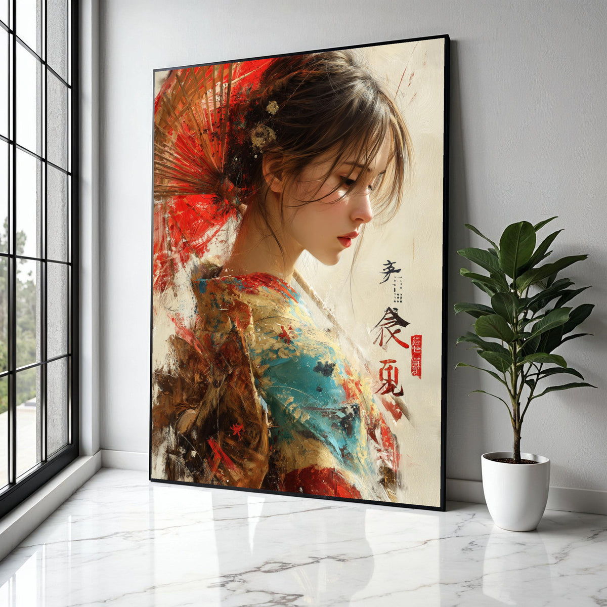 Elegant Japanese Woman Canvas Art, Traditional Kimono Painting, Oriental Wall Decor, Asian Portrait Canvas, Red Gift Art, Home Decor, Print