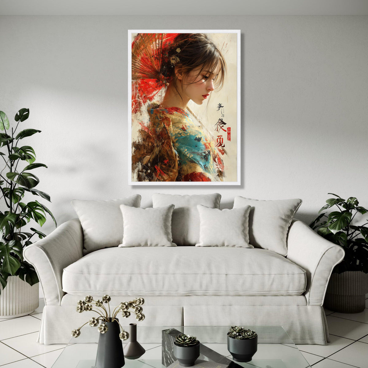 Elegant Japanese Woman Canvas Art, Traditional Kimono Painting, Oriental Wall Decor, Asian Portrait Canvas, Red Gift Art, Home Decor, Print