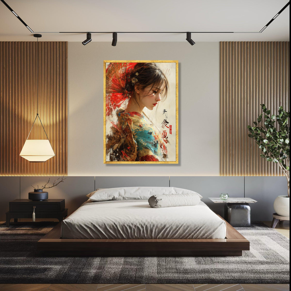 Elegant Japanese Woman Canvas Art, Traditional Kimono Painting, Oriental Wall Decor, Asian Portrait Canvas, Red Gift Art, Home Decor, Print