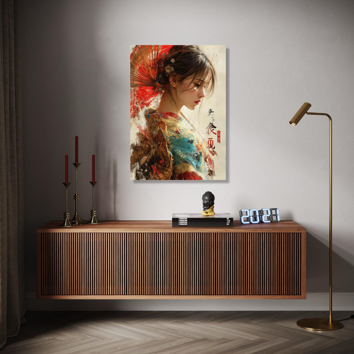 Elegant Japanese Woman Canvas Art, Traditional Kimono Painting, Oriental Wall Decor, Asian Portrait Canvas, Red Gift Art, Home Decor, Print