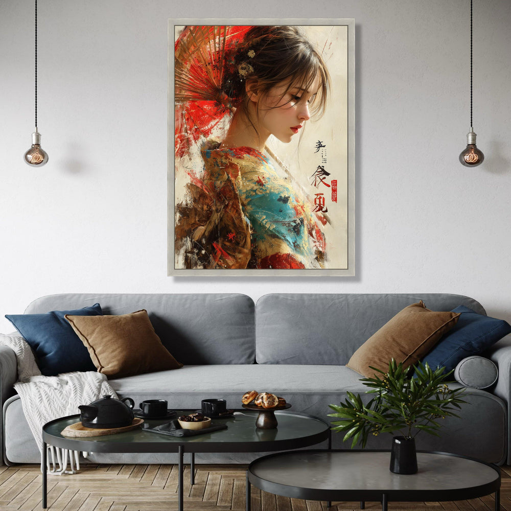Elegant Japanese Woman Canvas Art, Traditional Kimono Painting, Oriental Wall Decor, Asian Portrait Canvas, Red Gift Art, Home Decor, Print