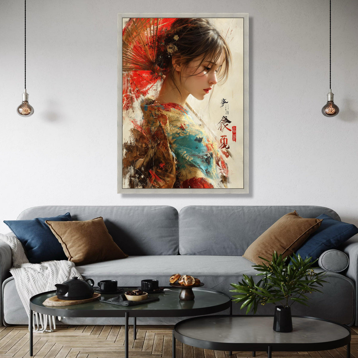 Elegant Japanese Woman Canvas Art, Traditional Kimono Painting, Oriental Wall Decor, Asian Portrait Canvas, Red Gift Art, Home Decor, Print
