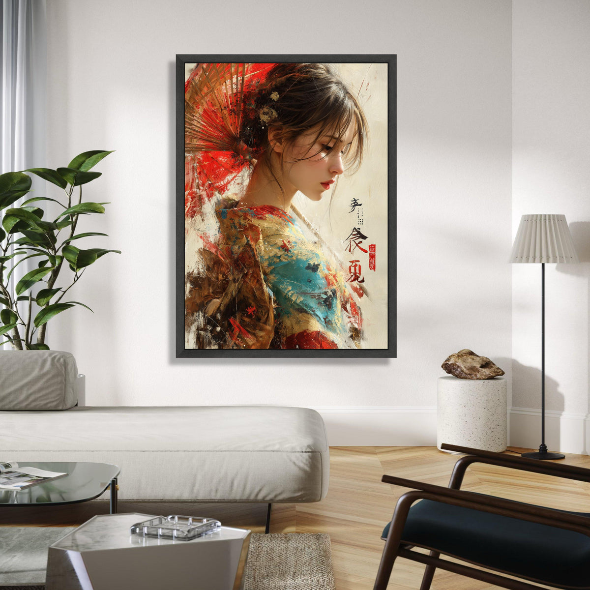 Elegant Japanese Woman Canvas Art, Traditional Kimono Painting, Oriental Wall Decor, Asian Portrait Canvas, Red Gift Art, Home Decor, Print