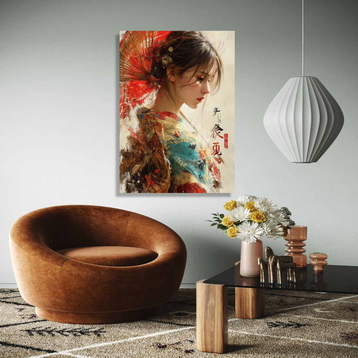 Elegant Japanese Woman Canvas Art, Traditional Kimono Painting, Oriental Wall Decor, Asian Portrait Canvas, Red Gift Art, Home Decor, Print