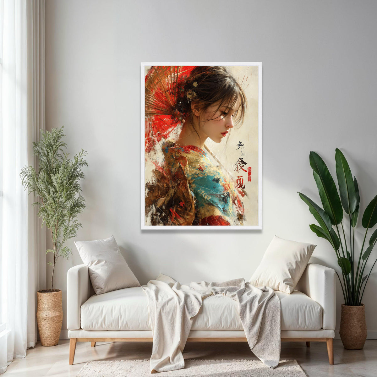 Elegant Japanese Woman Canvas Art, Traditional Kimono Painting, Oriental Wall Decor, Asian Portrait Canvas, Red Gift Art, Home Decor, Print