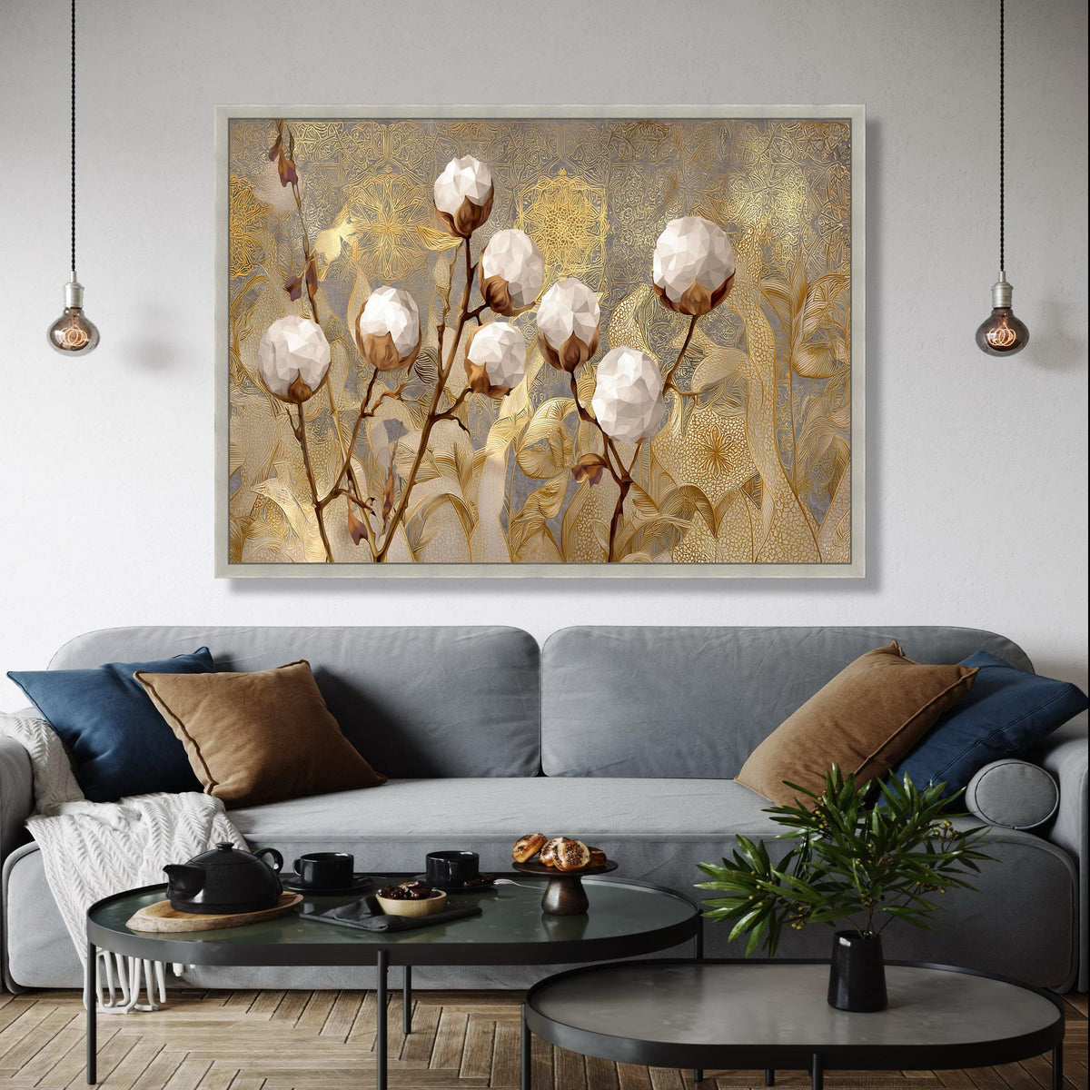 Elegant Cotton Plant Canvas Wall Art, Golden Botanical Design, Floral Canvas, Modern Nature Decor, Luxury Home Gift Art, Home Decor, Print